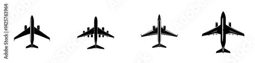 Black icons of various airplane silhouettes showcasing different designs and features overhead