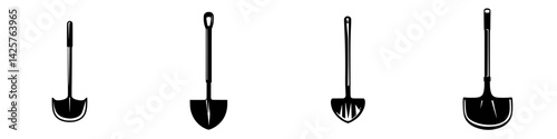 Set of black gardening tools including shovels and spades arranged on a white background for decorative purposes