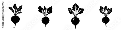 Set of four black icons depicting radishes with detailed leaves in a minimalist style for design and illustration purposes