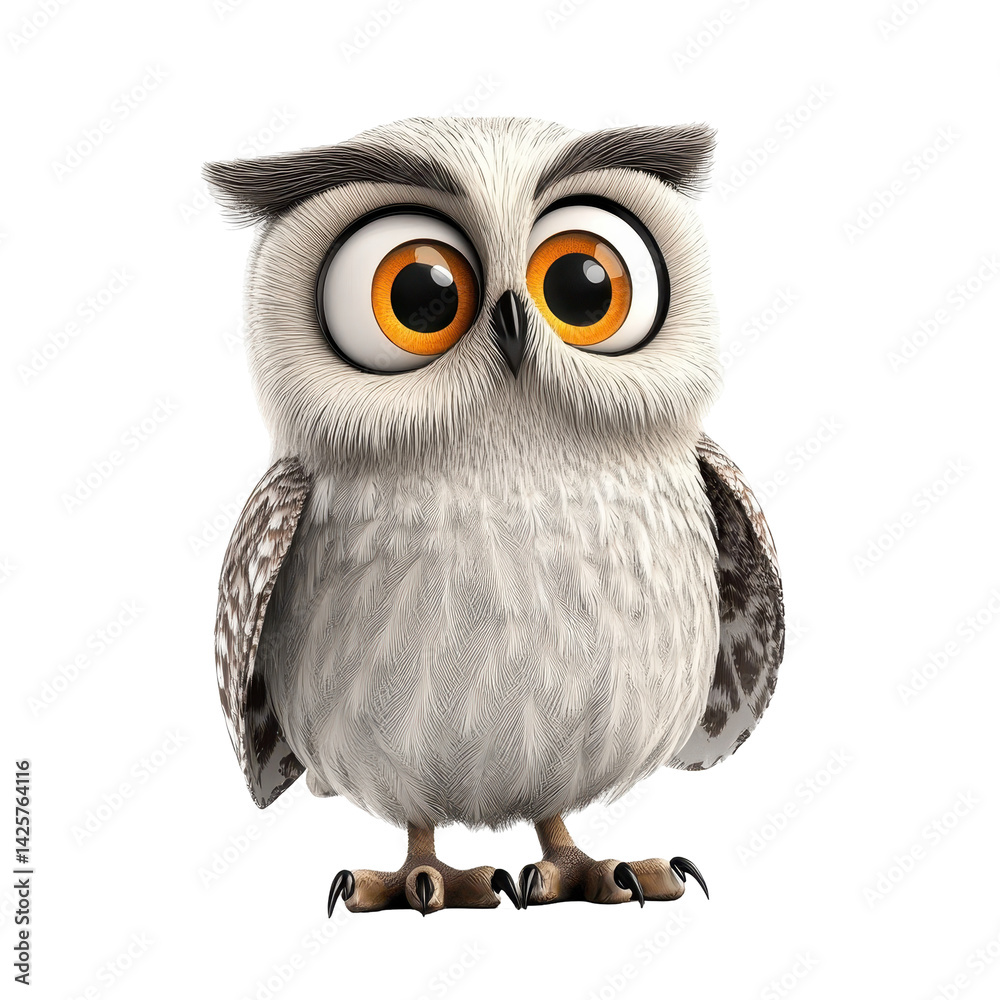 Obraz premium Cute cartoon owl with large eyes standing on a white background representing wisdom and curiosity