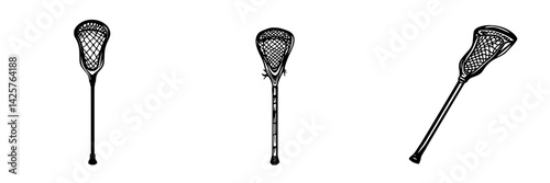 Different styles of lacrosse sticks displayed in a set of black icons for sports design and illustrations