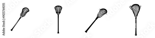 Set of black lacrosse icons featuring various stick designs for sports applications and graphic elements