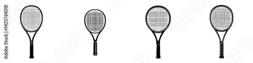 Various black tennis racket icons showcasing different angles and designs for sports graphics and illustrations