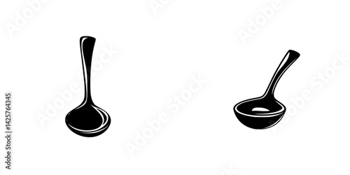 Black icon depiction of two different ladles showcasing their unique designs and shapes for culinary use in kitchens