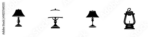 Set of black lamp icons showcasing various styles and designs for home decor and lighting options