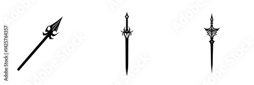 Set of black icons depicting three distinct spear designs showcasing unique features and intricate detailing