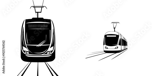 Black icons of modern trams showcasing urban transportation design in a minimalistic style