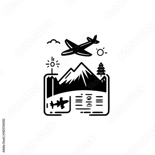 Stylized black graphic featuring an airplane, mountains, and sun representing travel and adventure