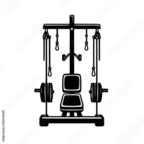 Set black icon of a gym weight training machine with various attachments viewed from the front in a minimalist style