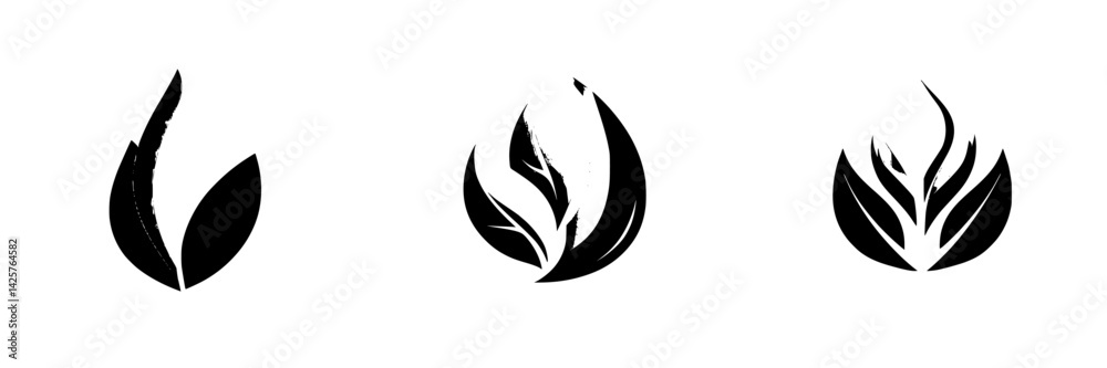 Set of black icons featuring stylized leaf designs representing nature, growth, and vitality in a minimalist aesthetic Set of black icons featuring stylized leaf designs representing nature, growth, and vitality in a minimalist aesthetic