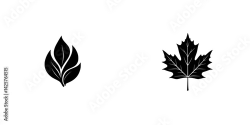 Set of black icons featuring two distinct leaf designs showcasing nature's simplicity and elegance