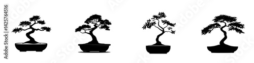 Black silhouette icons of various bonsai trees in different shapes and styles, ideal for design and nature projects