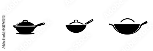 Set of black cooking pot icons displaying different styles and designs for culinary use in a minimalist design theme
