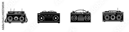 Classic black icon set of retro boomboxes showcasing vintage audio equipment design