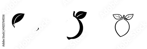 Various black icons representing fruits with leaves, showcasing minimalist design style for creative projects