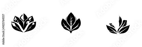 Elegant black icon design featuring various leaf and plant shapes representing nature and growth in a minimalist style