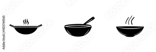 Black icons representing cooking utensils and serving bowls depicting culinary activities and food preparation