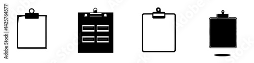 Set of black icons featuring clipboards in various styles and orientations for organizational or design purposes