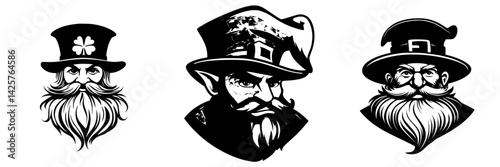 Black icon set featuring three distinct bearded characters wearing hats, showcasing unique styles and expressions