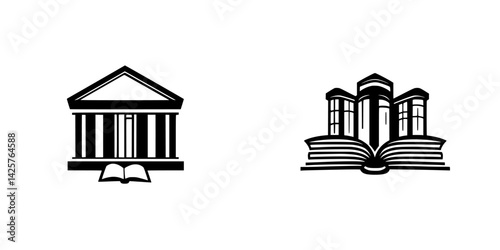 Iconic black symbols representing educational institutions and libraries in a minimalist design