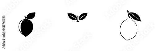 Black icon set featuring stylized lemon illustrations with different orientations