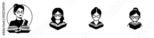 Stylized black icons representing women reading books and studying in various poses and styles