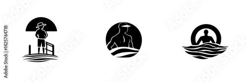 Set of black icons representing lifeguards and beach activities in a minimalist style