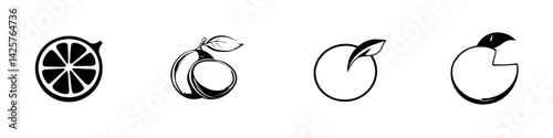 Set of black icons representing various fruits including lemon, plum, orange, and a partially eaten orange, ideal for design projects