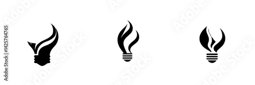 Creative black icons of light bulbs with flame designs showcasing unique artistic styles in a minimalist layout