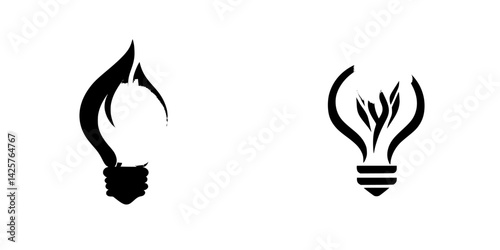 Black icon set featuring light bulb designs with flame and plant elements showcasing creativity in energy concepts
