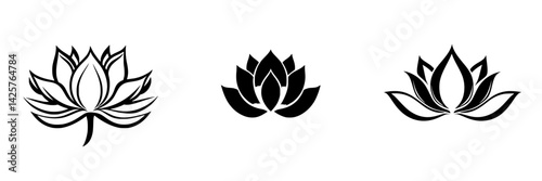 Elegant black lotus flower icons showcasing diverse designs for decorative and artistic uses