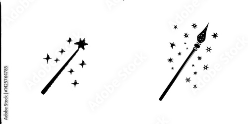 Magical black icons showcasing wands with sparkling effects and stars illustrating enchantment and creativity