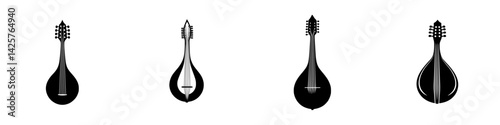 Set of black icons featuring various string instruments in minimalist design for artistic representation