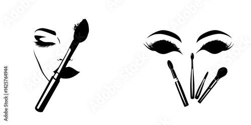 Black silhouette icons of a face with makeup brush and various makeup tools for beauty and cosmetics design