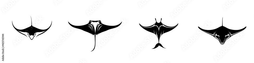 Black icons representing manta rays in a minimalistic design showcasing different angles and perspectives Black icons representing manta rays in a minimalistic design showcasing different angles and perspectives