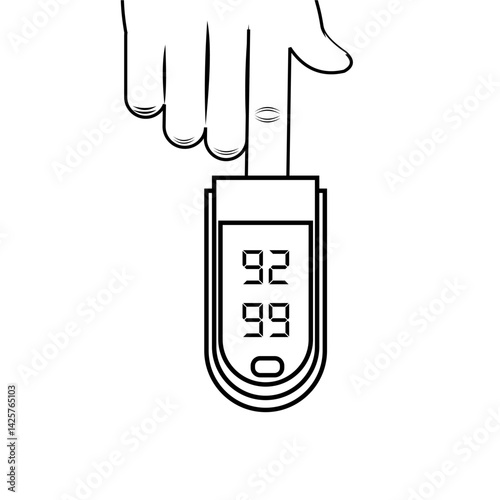 Graphic icon of a pulse oximeter, a medical device used to measure 
oxygen saturation in the blood, typically clipped to the finger. 
Outline Vector.