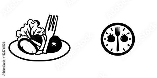 Colorful plate of healthy food with a fork beside a clock indicating mealtime