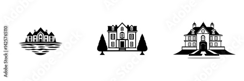 Set of three black icons representing different styles of houses and mansions showcasing diverse architectural designs