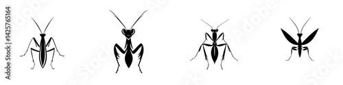 Stylized black icons depicting different poses of a praying mantis for design and illustration purposes