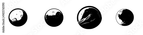 Set of black icons representing various celestial bodies in a minimalist style