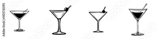 Elegant black cocktail icons featuring assorted drinks in stylish glassware