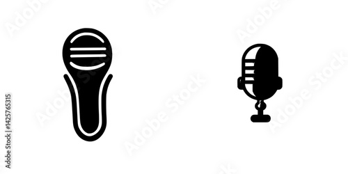 Black icon set featuring a microphone and clip for audio recording presentations and broadcasts