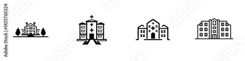Icons representing various types of healthcare facilities with a focus on black and white design aesthetics