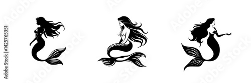 Set of elegant black mermaid icons showcasing different poses and styles for creative design projects