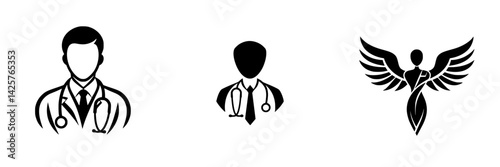 Black icons illustrating a doctor, healthcare professional, and a winged figure representing healing and compassion