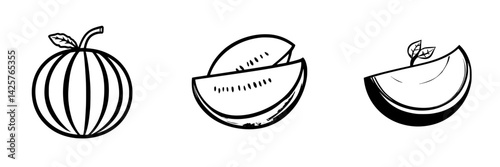 Black icon design featuring three distinct types of melons in a minimalist style representing freshness and summer vibes
