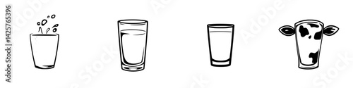 Black icons depicting various drinks including a splash, glasses, and a cow illustration for milk representation