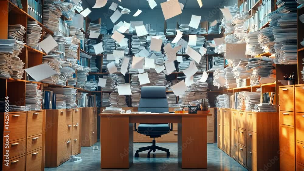 Overwhelmed office space with an overflowing amount of disorganized paperwork.