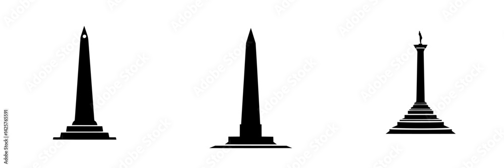 Black icon set featuring three distinct obelisks in minimalist design suitable for various graphic applications Black icon set featuring three distinct obelisks in minimalist design suitable for various graphic applications