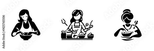 Cooks engaged in various culinary activities showcasing food preparation and cooking techniques in a minimalist style